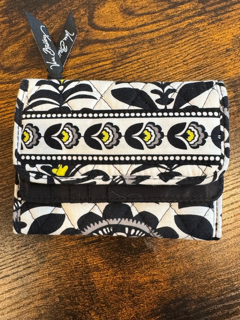 Vera Bradley Black & White Quilted Floral Wallet with Yellow Accents